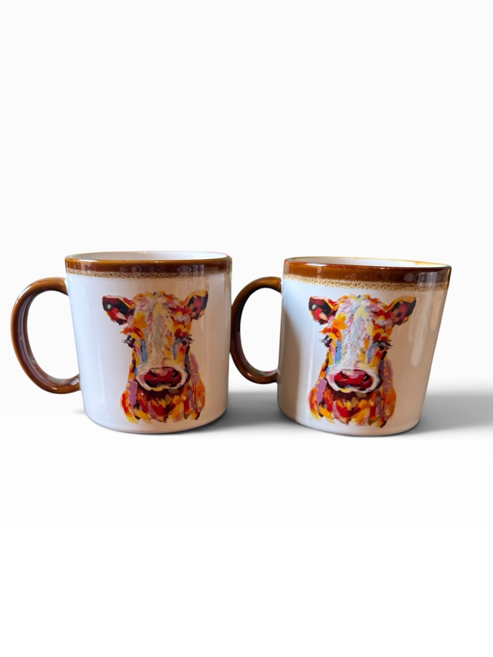 MAINSTAYS Big Ceramic Cow Mug Lot of 2 Bone Background Colorful Watercolor 19 OZ